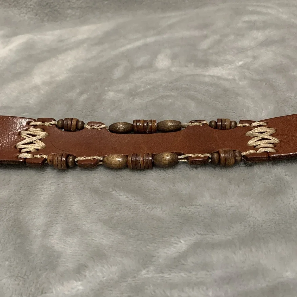 Vintage Omega Genuine Leather‎ Belt Large Brown Beaded & Stitched Made in Turkey